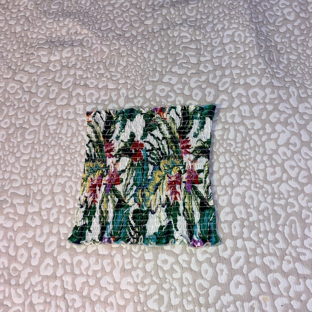 White Multi color Floral Ribbed Tube Top
